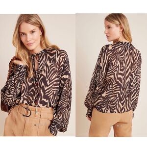 Bl-nk London Anthropologie Arely Blouse Animal Zebra Print Brown Beige Size XS